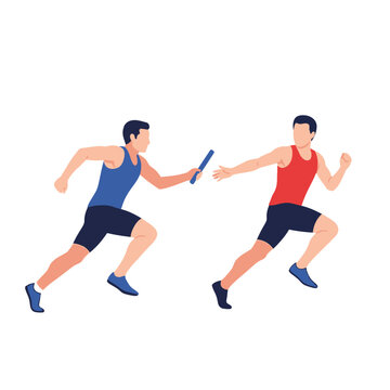 Vector illustration of a relay race baton exchange between two track and field athletes' hands, showing motion and teamwork during a professional sports competition on a stadium track.