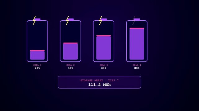 Three panel digital interface showing smart grid management metrics with shifting battery cell levels and fluctuating power output figures on a dark monochromatic interface display monitor
