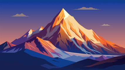 Scenic vector mountain landscape with glowing sunset sky, dramatic alpine peaks and layered terrain ideal for travel, nature, outdoor and adventure themes. © yossi