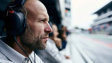 Obraz premium Motorsport team member concentrating during race from pit lane