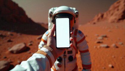Fototapeta premium Astronaut holds blank screen smartphone on Mars red rocky terrain. Person in spacesuit uses mobile device for communication exploration. Future tech discovery in alien landscape.