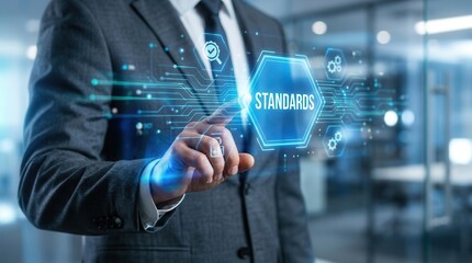 Obraz premium Businessman clicking on a Standards Quality assurance and control concept interface.