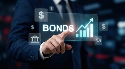 Fototapeta premium Businessman clicking a virtual screen for bond finance and banking technology.