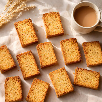 Golden rusks laid out with cup of tea
