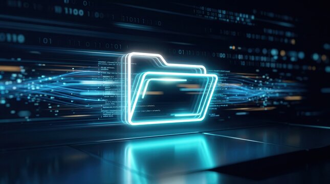 A glowing digital folder streaks across a dark background leaving a luminous trail of light.