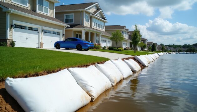 White sandbags create barrier against rising water near suburban homes. Residential area protected from potential flood damage with temporary levees. Elevated houses with blue car await clear weather.