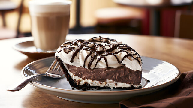 A piece of layered chocolate cream pie, topped with whipped cream and a drizzle of chocolate, sits on a plate next to a latte, all arranged on a wooden table in a snug caf&eacute;