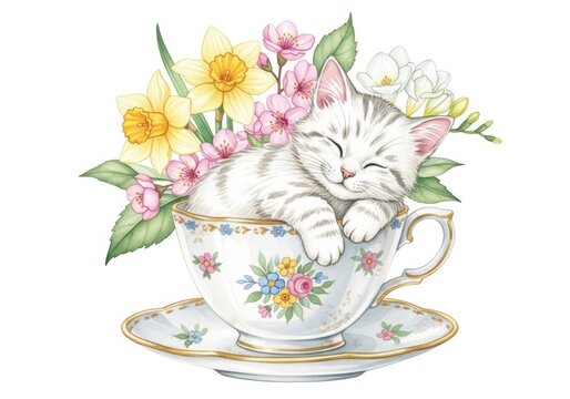 Tiny kitten sleeping inside decorative teacup surrounded by spring flowers. Cute animal portrait with watercolor aesthetic. Floral composition for greeting card and baby shower design concept.