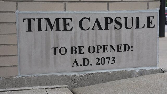 A detailed close-up shot of a stone plaque mounted on a brick wall, featuring the inscription "TIME CAPSULE TO BE OPENED: A.D. 2073". This image captures a symbol of history, legacy, preservation