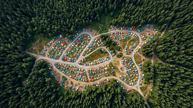Aerial Summer Camping Tents Forest Colorful Pattern USA August Lifestyle