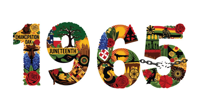 1965 Juneteenth Commemoration: Artistic rendering of the year 1965, creatively filled with symbols of Juneteenth, representing freedom, heritage, and celebration.