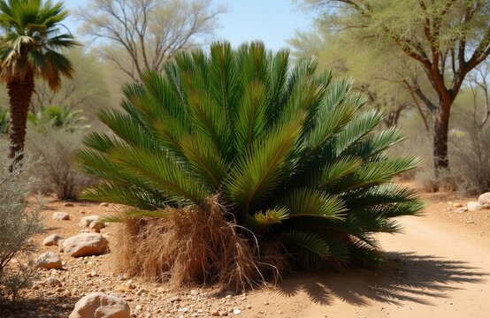 Dioon edule cycad plant grows in desert dry arid environment. Lush green fronds unfurl from rough brown trunk. Sandy path curves near rocky ground.