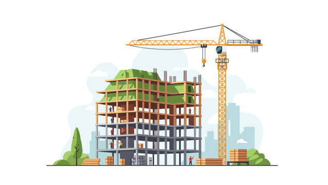 Flat vector illustration of a modern construction site with a tower crane and building under development.