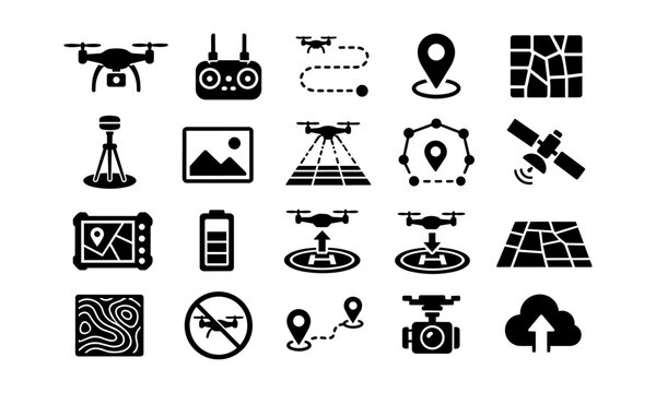 Drone mapping, photography and flight control icon set