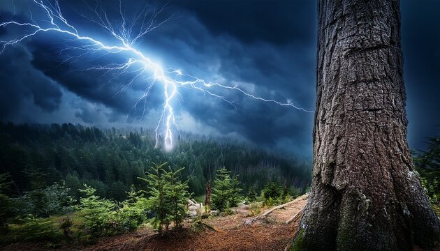 lightning striking tree trunk during stormy weather in dark forest landscape with copy space