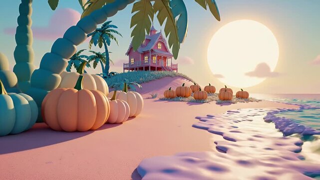 Vibrant Sunset Beachscape with Palm Trees, Soft Pink Sand, and Pumpkin Ornaments