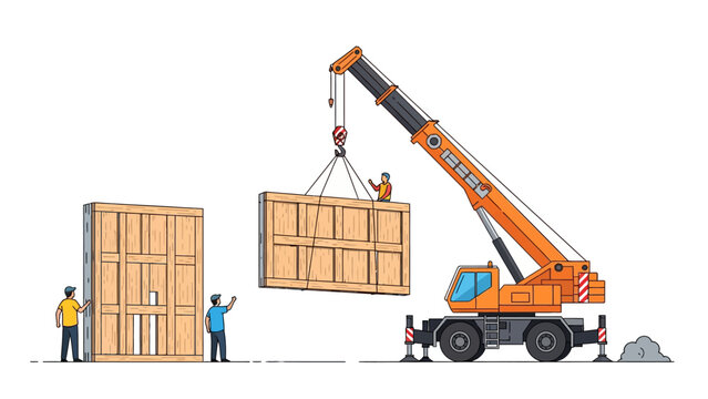 Mobile Crane Lifting Prefabricated Wood Wall Panel Illustration, Construction Workers Building Modular House, Industrial Vector Art