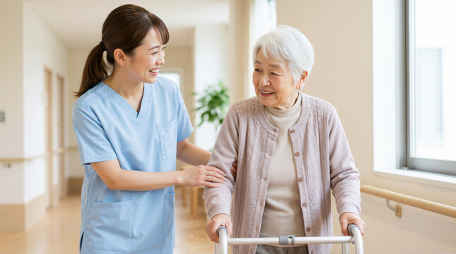 Smiling nurse in blue scrubs helping senior woman with walker. East Asian caregiver assisting elderly patient in hospital hallway. Compassionate geriatric care concept