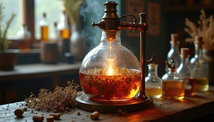 Obraz premium Antique apparatus with herbs steams and liquid drips. Glass flask with botanicals and warm glowing light. Bottles and dry plants on wooden table.