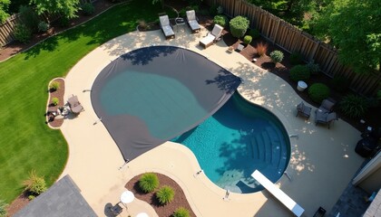 Fototapeta premium Aerial view of backyard swimming pool with safety cover on. Teal water, stone stpic, diving board, lounge chairs visible. Green lawn, wooden fence, lush trees surround area.