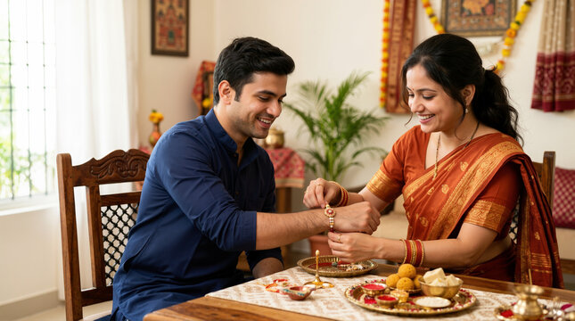 Indian woman tying rakhi on her brother's wrist. Happy siblings celebrating Raksha Bandhan festival at home. Traditional Hindu ritual