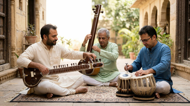 Indian musicians tuning traditional instruments in outdoor courtyard. Men adjusting sitar, tanpura, and tabla. Classical music rehearsal concept