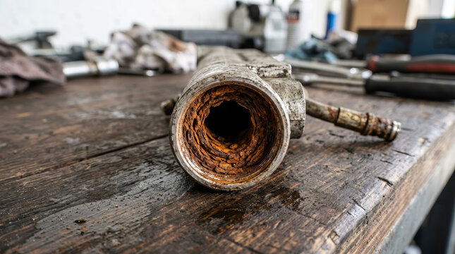 Close up of reddish rust and scale inside a metal pipe. Corroded tube with heavy oxidation on a wooden workbench