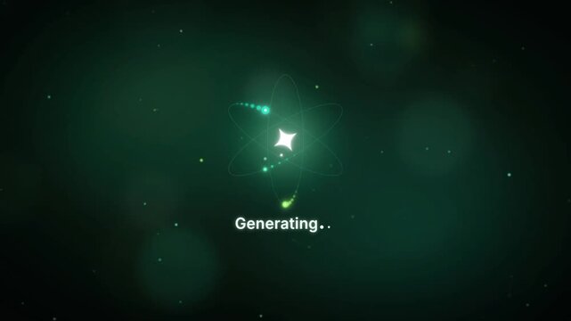 Glowing green AI spark with orbiting atom particles and Generating text on dark bokeh background