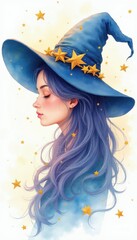 Obraz premium Whimsical watercolor art shows young woman profile wearing big blue witch hat with stars. Her long blue hair cascades as golden stars twinkle around her head, shoulders against soft yellow background.