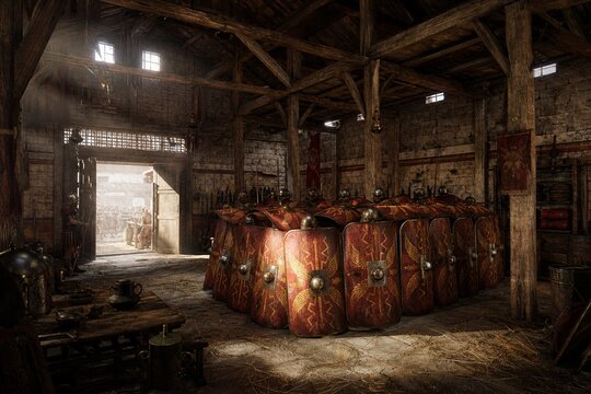 Ancient barracks interior with shields arranged in a defensive formation.
