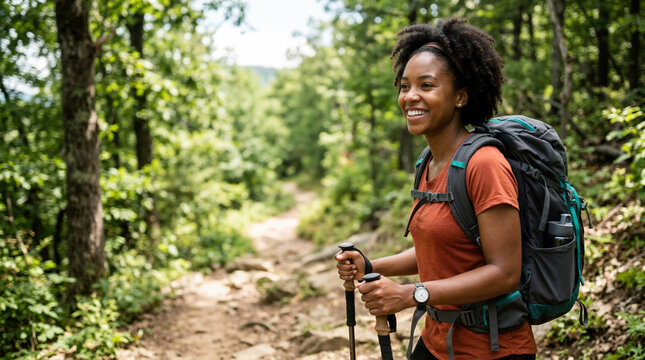Smiling African American woman hiking on forest trail. Happy black female backpacker with trekking poles on outdoor adventure