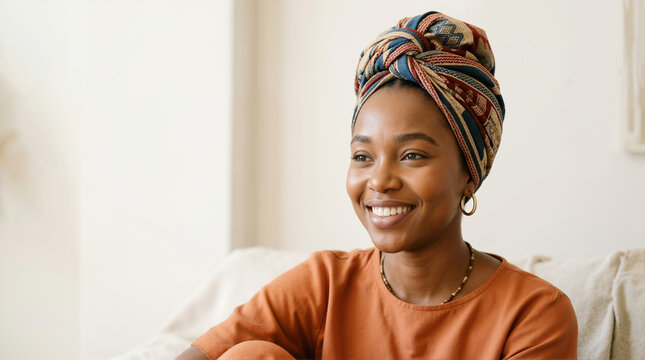 Smiling African American woman wearing a colorful patterned headwrap. Happy Black female with traditional head wrap looking away indoors