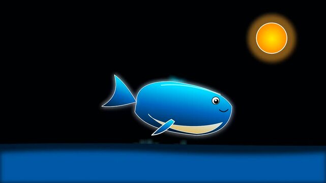 Cartoon whale swimming near the water surface follows nautical charts on columbus day as the glowing sun shines brightly in a dark deep ocean environment