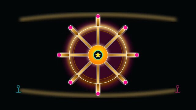 A rotating ship helm wheel mimics nautical charts to guide maritime voyages during columbus day celebrations within a dark void filled with glowing orange neon lights