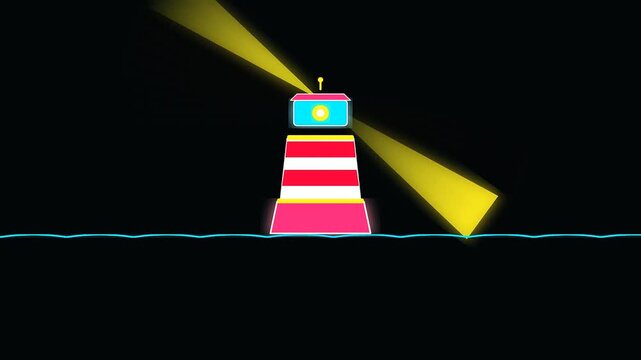 A sequence showing a nautical charts beacon lighting up the dark water as observers celebrate columbus day near the sea during a voyage on midnight tides
