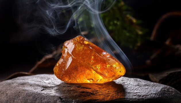 a lump of amber resin on a stone with a wisp of smoke rising