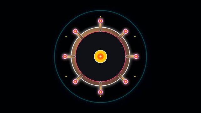 Rotating circular nautical charts display luminous node patterns mirroring columbus day navigation tools as glowing data markers orbit a vibrant central core within digital abstract space