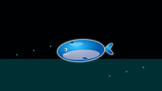 Animated blue whales swimming across nautical charts during columbus day celebrations while drifting through a dark ocean depth with glowing lights and playful aquatic motion paths