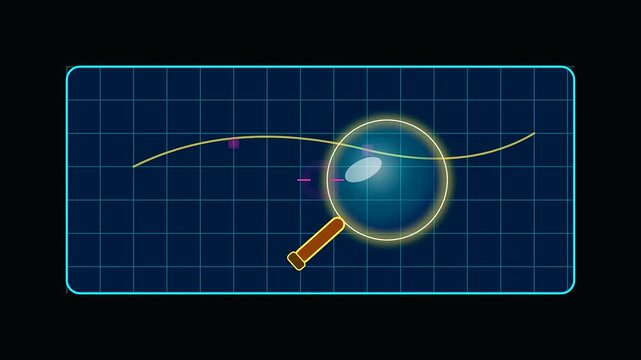A digital magnifier moves across a flowing curve on nautical charts like an explorer during columbus day searching for hidden details on a dark blue grid