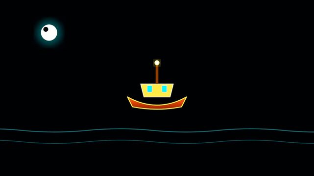 A small yellow boat navigates calm ocean waters under a moonlit sky evoking the spirit of columbus day while sailors study various ancient nautical charts