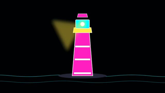 A vibrant magenta lighthouse rotates its glowing beam across nautical charts for columbus day as the stylized structure guides vessels with steady pulses of luminous light