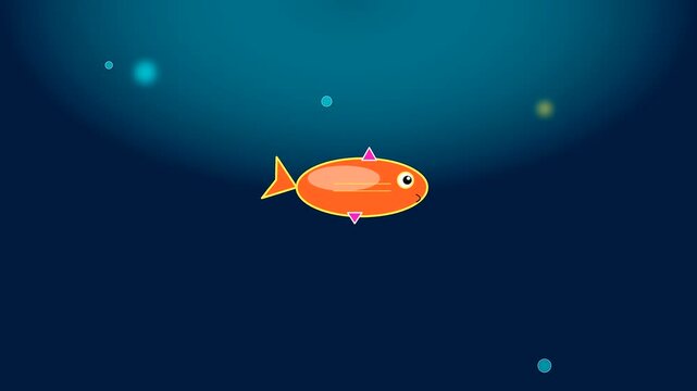 orange cartoon fish swimming across a deep blue ocean void reminiscent of columbus day nautical charts navigating through dark waters within a simple digital art frame