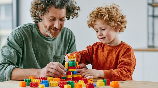 Adult and small child construct toy blocks on wooden table.