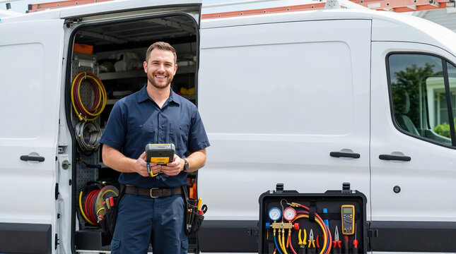 Smiling male HVAC technician standing by his white service van. Professional repairman holding a diagnostic tool with an open equipment case