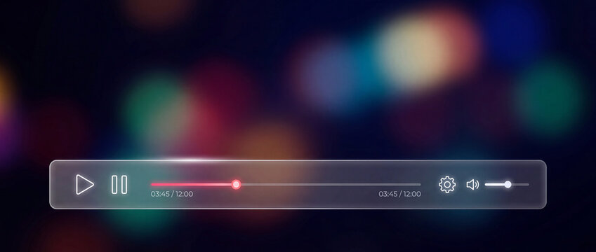 Glassmorphism media player interface over colorful bokeh background featuring a glowing red progress bar and white transparent icons, perfect for modern digital streaming platforms