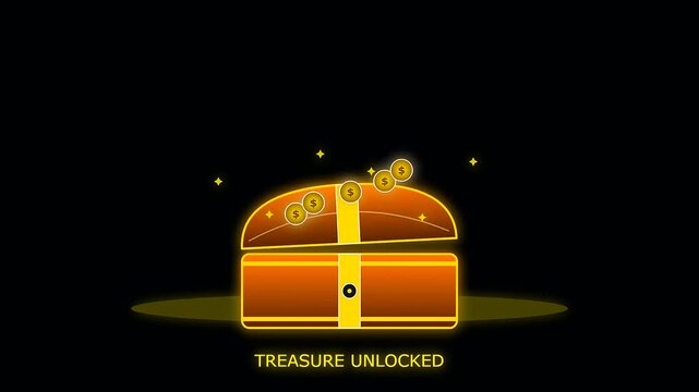 Glowing chest animation sequence revealing treasure inside a digital interface resembling nautical charts for columbus day as golden coins emerge through stylized motion graphic visual effects
