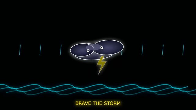 Animated cartoon clouds with lightning bolts drift above wavy lines in a style reminiscent of historical columbus day voyages using stylized nautical charts and sea navigation