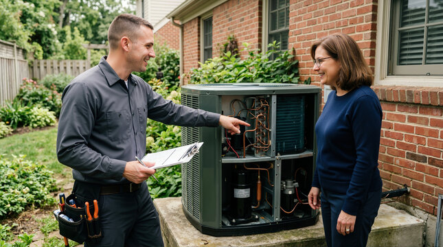 HVAC technician explaining air conditioner repair to a female homeowner. Professional mechanic pointing at outdoor condenser unit during a residential service call