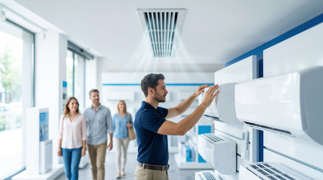 Salesperson showing a wall mounted air conditioner to a couple in a retail store. Customers shopping for home cooling appliances with cold air blowing from a ceiling vent