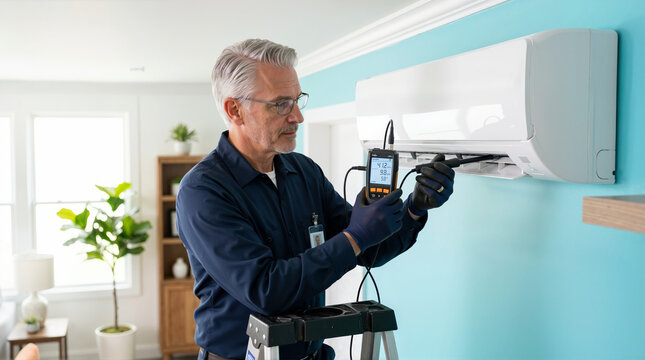Mature male technician testing air conditioner performance. Professional HVAC worker using digital meter on wall mounted split system in living room